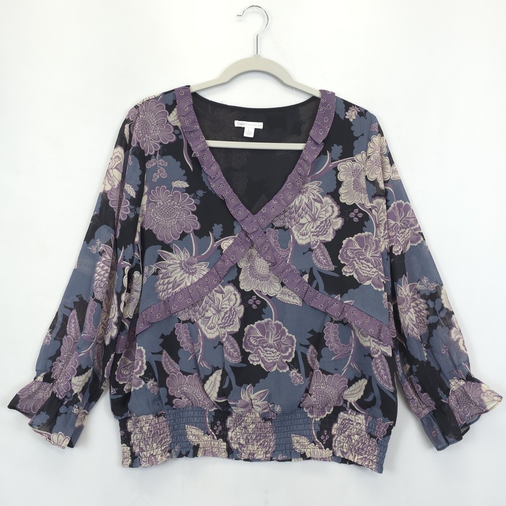 Cato Blouse Women L Ruffle Smock Waist Long‎ Sleeve Floral Purple Blue Boho